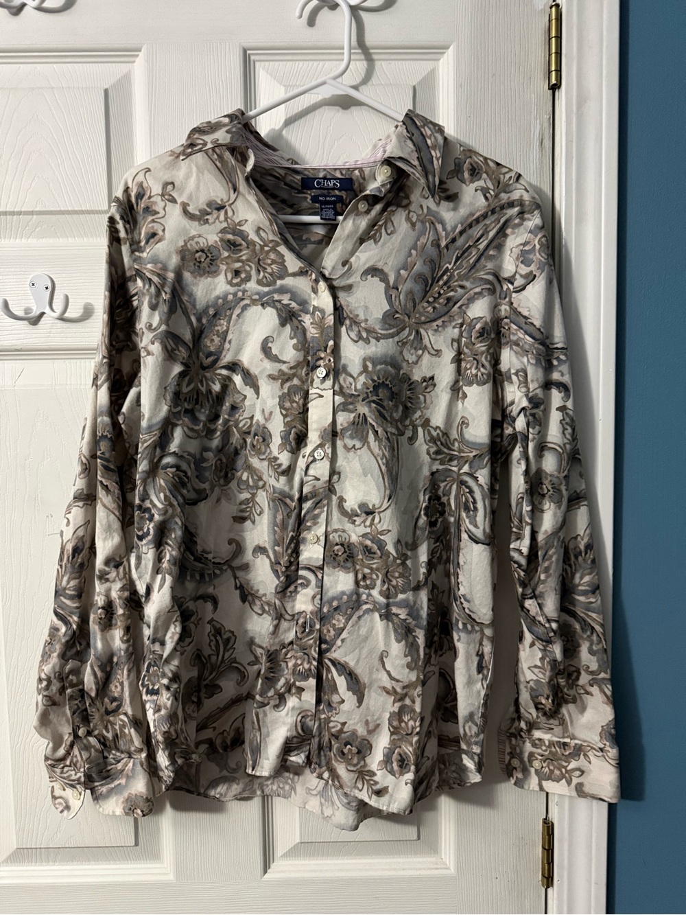 Chaps Beige and Brown Paisley Button-Down Blouse